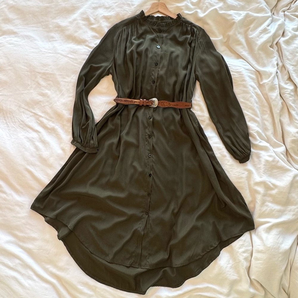 Olive Green Mock Neck Bishop Sleeve Dress